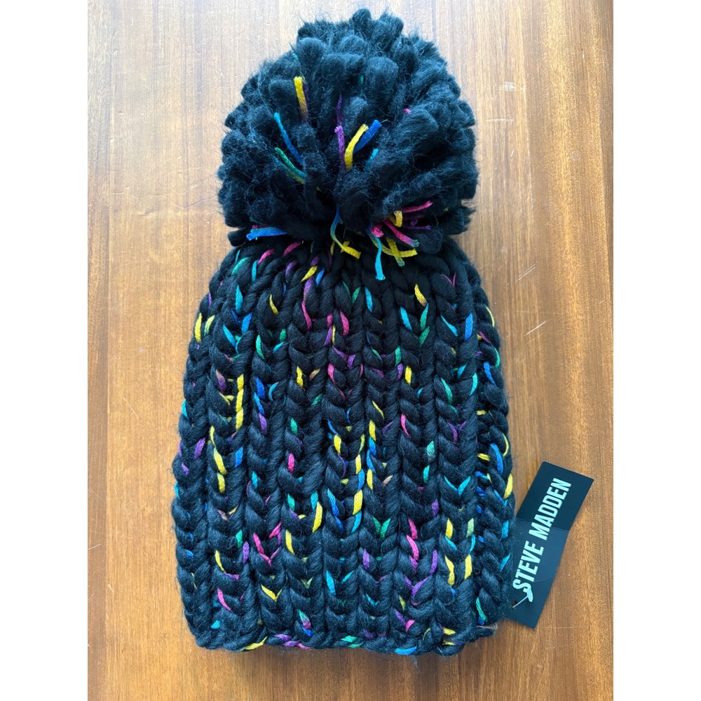 Steve Madden Black Multi Color Confetti Chunky Knit Pom Pom Beanie Hat NWT